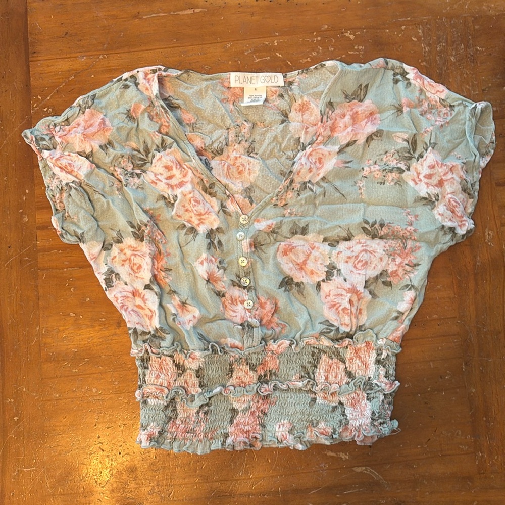 Planet Gold Floral Rose Green and Pink Smocked Top Size Medium